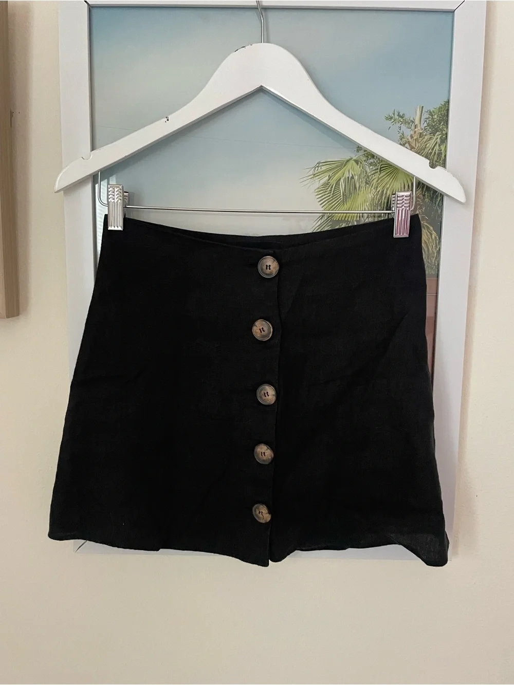 Reformation Candy Mini Skirt Black 100% Linen Button Front in Size 0